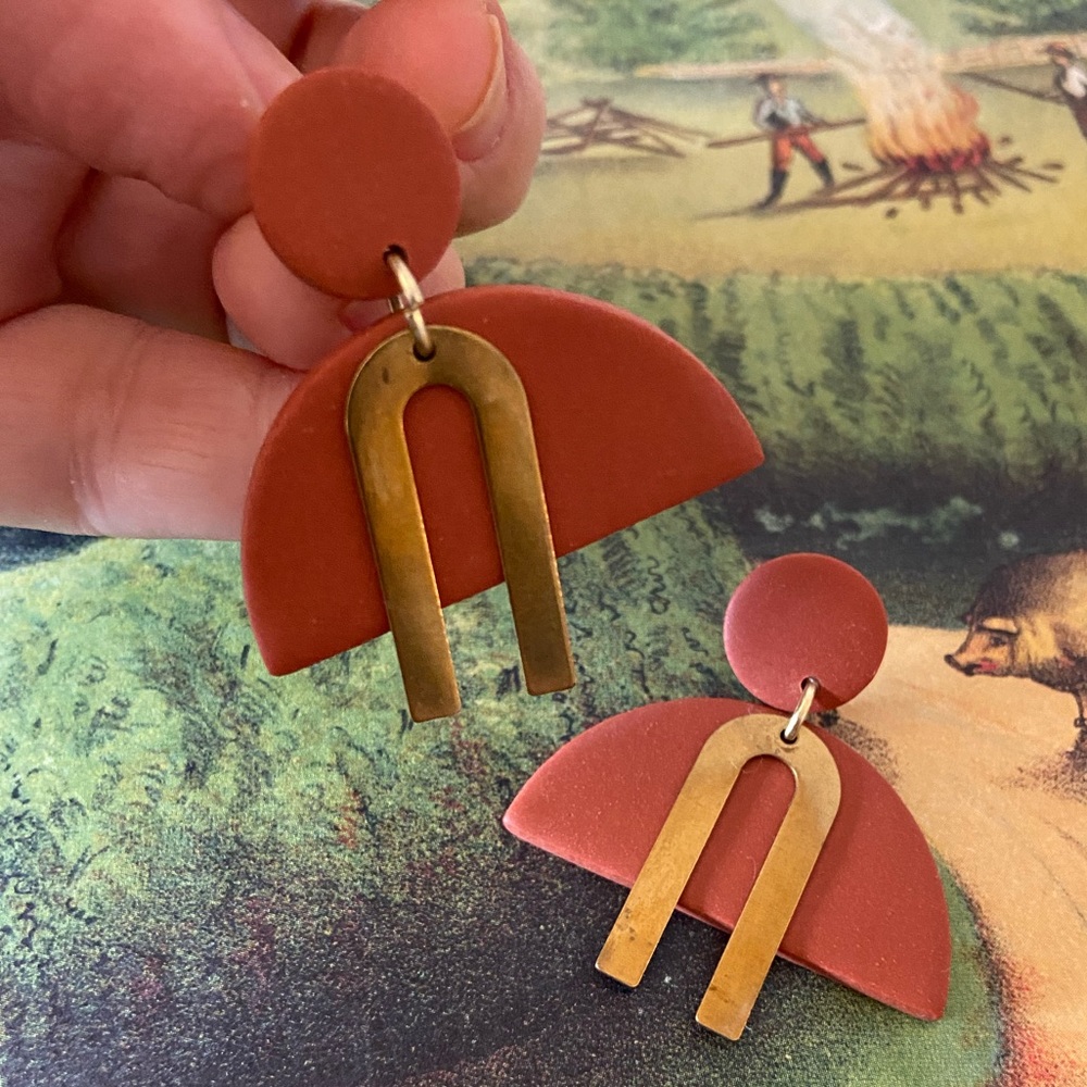 Geometric Polymer Clay And Brass Statement Earrin… - image 3